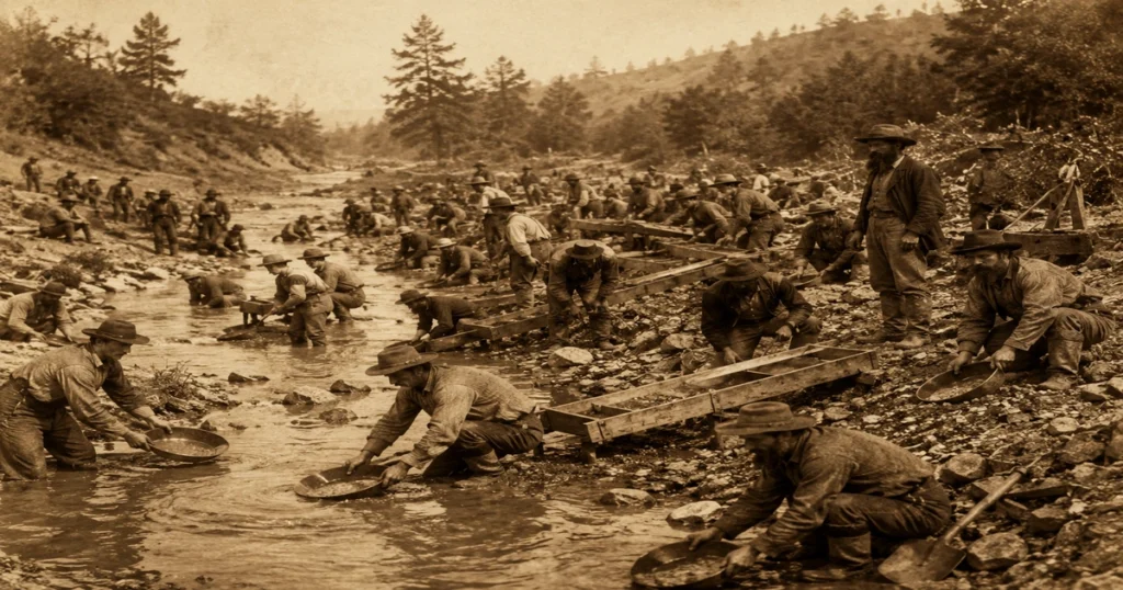 A sepia-tinted archival photograph from the mid-19th century, depicting a dense line of hopeful prospectors panning for gold along a muddy california riverbed using basic wooden sluices, capturing a vital era in the history of gold.