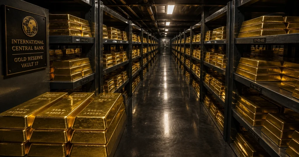A wide, high-security shot inside the vault of a central bank, showcasing endless rows of pristine 400-ounce international standard gold bars stored on heavy iron reinforced shelves, illustrating a key component in the history of gold.