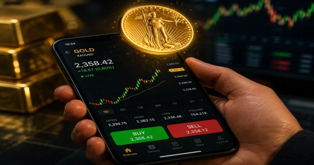 A close-up shot of an investor's hand holding a sleek, modern smartphone that displays a live digital gold trading dashboard, with a real, physical gold bullion coin artfully floating above the glowing screen, showcasing the modern era in the history of gold.