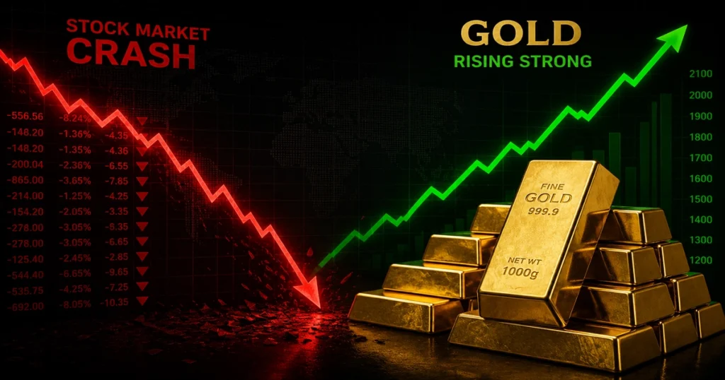 A sleek, modern conceptual financial graphic depicting a red, sharply declining line graph representing a stock market crash, contrasted against a rising green line graph that follows a pile of pure gold bullion, highlighting the history of gold as a protective asset.