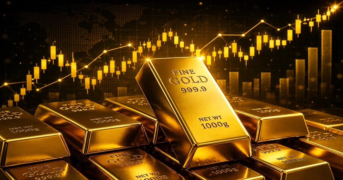A premium close-up of pure gold bullion bars stacked neatly in rows, representing the history of gold as the ultimate store of value.