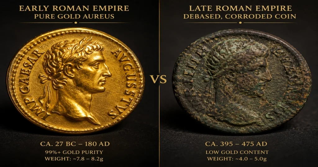 A comparative split image: the left side showing a crisp, gleaming pure gold roman aureus from the early empire, and the right side showing a dull, heavily corroded, debased coin from the late empire, illustrating monetary inflation in the history of gold.