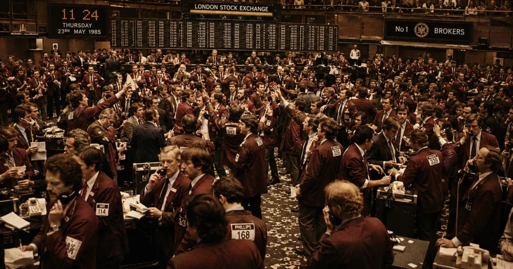 Vintage brokers walking down the floor of the london stock exchange during the launch era of the ftse 100 index.