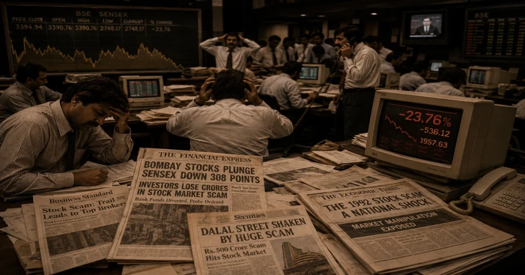 A historical look at the extreme volatility and market crash during the 1992 banking crisis in the history of sensex.
