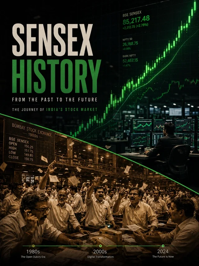 A high-impact web story cover banner depicting the multi-decade wealth creation history of sensex.