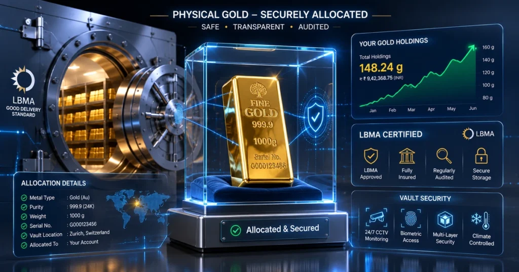 Digital gold explained structural diagram illustrating allocated physical gold custody in brink's and loomis vaults