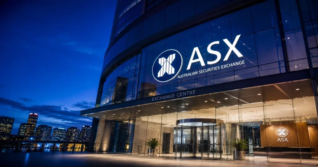 The modern geometric glass architecture of the australian securities exchange corporate headquarters building located in sydney