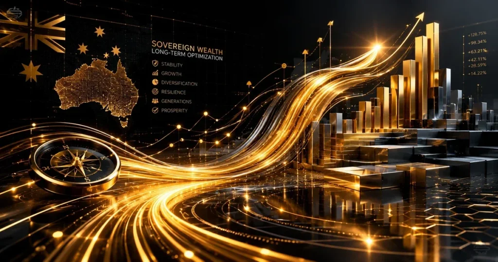 Abstract structural golden bars and deep grey financial data streams overlaying a clean corporate grid representing australian wealth expansion
