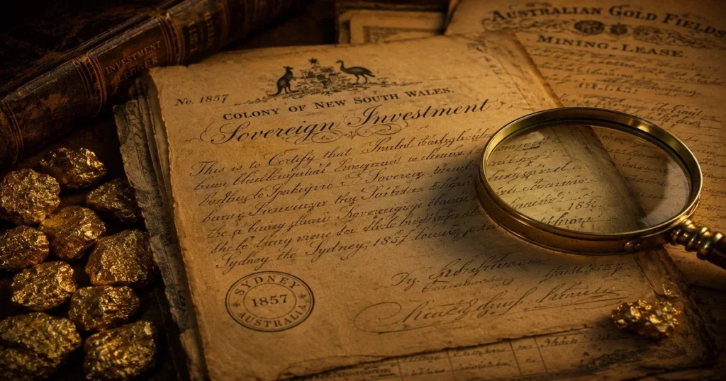 Vintage documents and historical gold mining company shares representing the 1850s australian stock market history boom