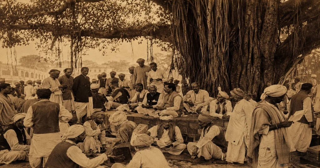 Vintage broker groups gathering under a banyan tree at dalal street before the electronic history of sensex.