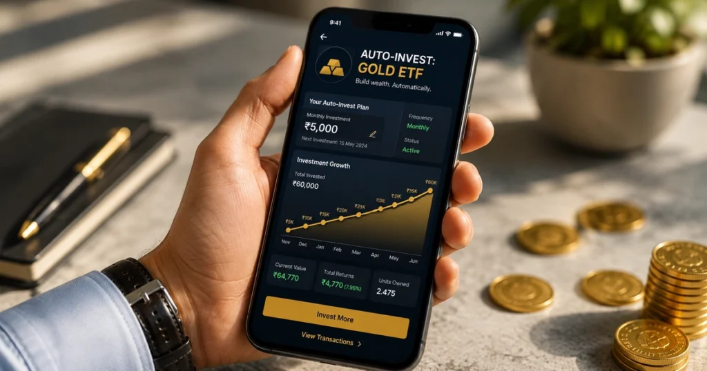 A user holding a smartphone showing an automated monthly investment order into a gold etf on a trading app.