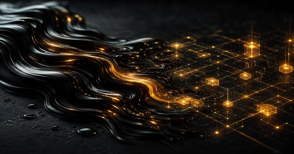 Commodities oil market history conceptual art showing dark reflective liquid waves transitioning into glowing digital financial network streams
