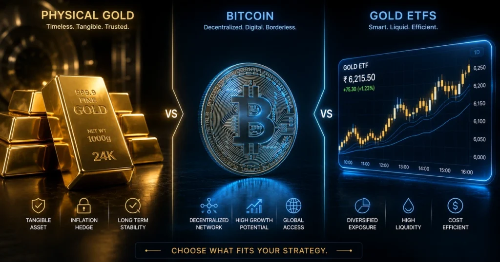 Comparison visual featuring physical 24k gold bars, glowing bitcoin symbol, and stock market etf charts