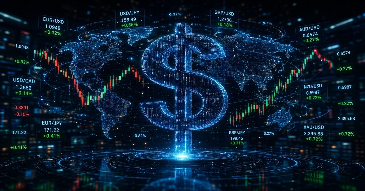 Dollar price today analysis on a glowing digital us dollar symbol towering over an abstract holographic globe showcasing real-time currency exchange rates