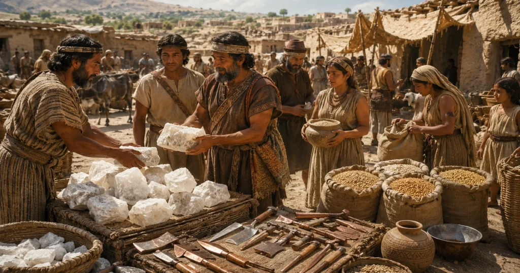Early human civilizations trading basic commodities like grain and salt