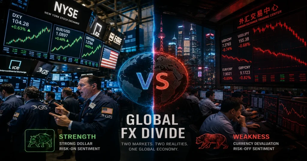 A dramatic split screen showing a thriving wall street trading floor on one side and a stressed electronic foreign exchange board in an emerging market city on the other