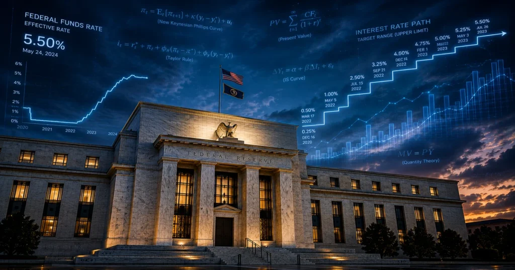 Dollar price today macro impact shown on a cinematic low-angle shot of the federal reserve building in washington dc with overlay digital graphs showcasing interest rate hikes and forex market trends