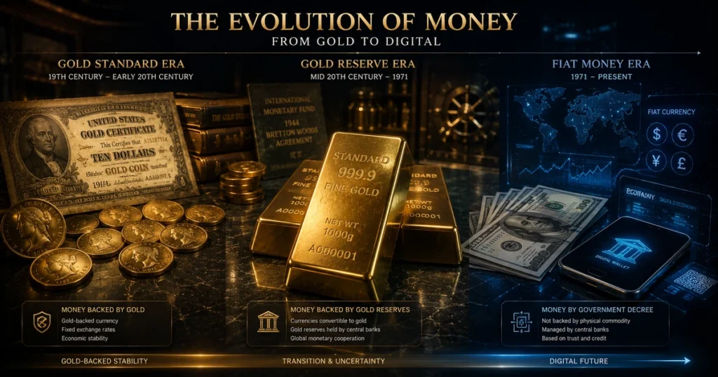 High-end monetary history concept showing vintage paper currency notes transforming into solid 24k gold bullion bars