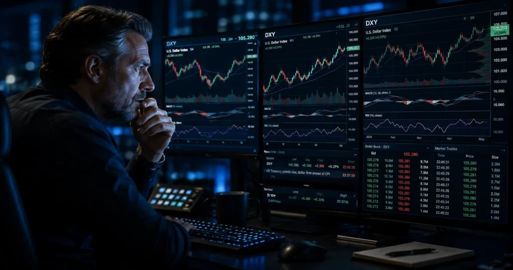 A professional currency trader sitting before multiple dark monitors displaying complex candlestick charts, technical indicators, and real-time dxy data feeds