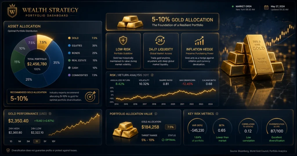 Executive financial dashboard summary showing pros, cons, and portfolio gold allocation models