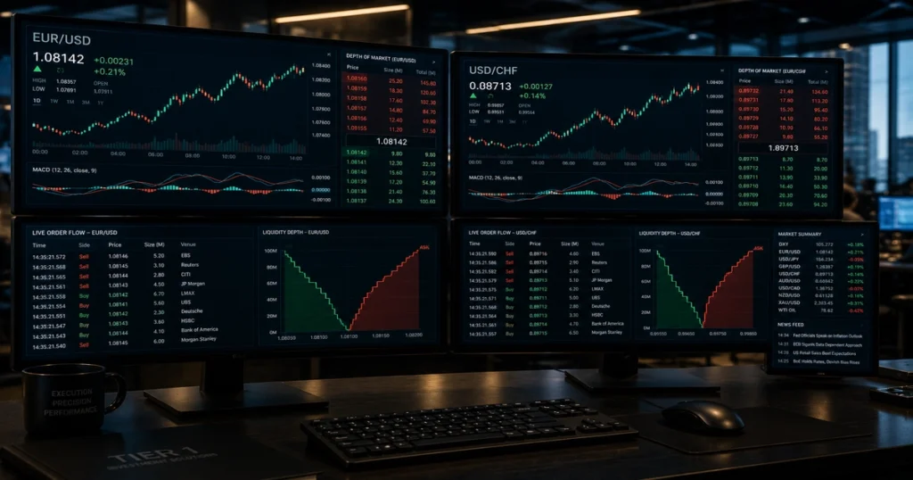 Top world currency market order flows monitored on clean multi-display terminals inside a global investment banking firm