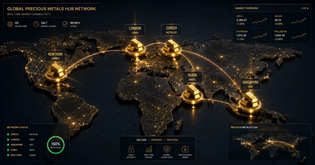 World map highlighting major global bullion vault centers including zurich, london, singapore, and dubai