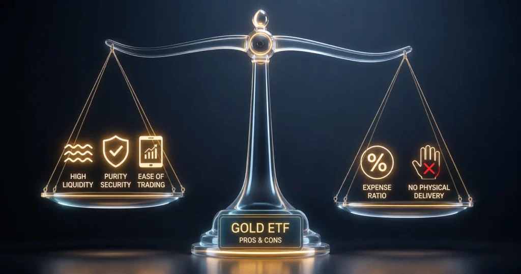 A conceptual balance scale comparing the liquidity benefits of gold etfs against management fees.