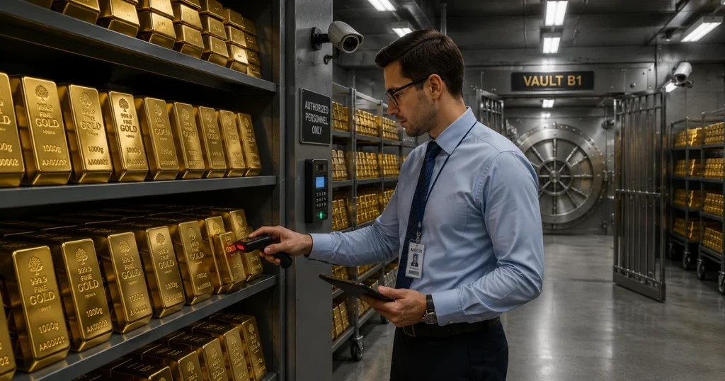 An audited institutional bank vault with rows of 99. 5 percent pure gold bullion bars backing gold etf units.