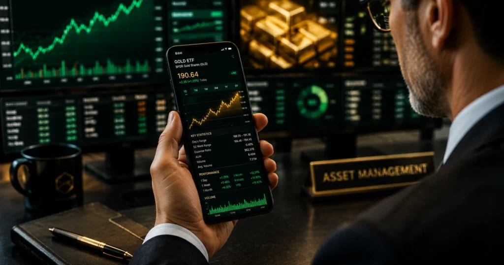 A modern institutional participant analyzing real-time order flow and gold etf tracking metrics on digital monitors.