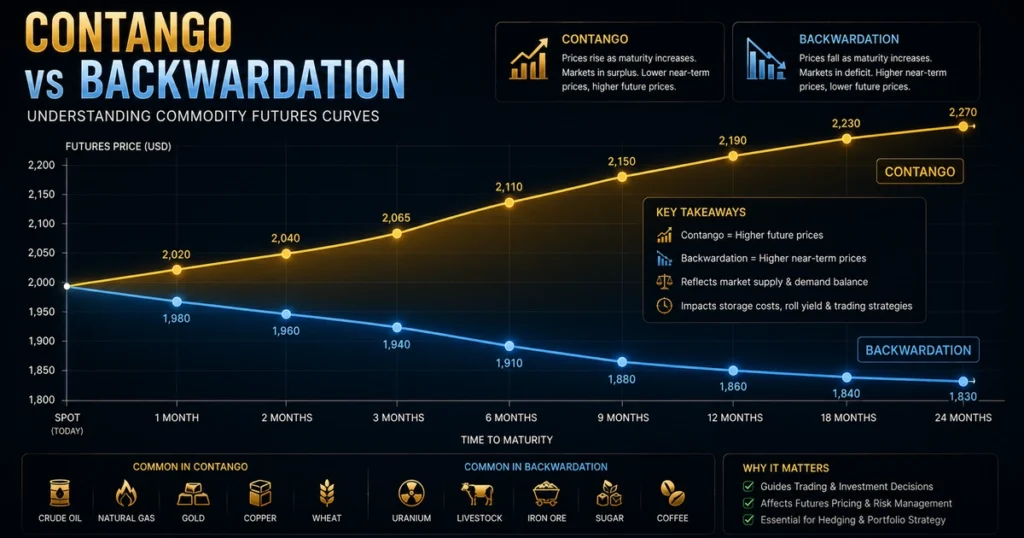 Price curve chart contrasting contango and backwardation in comex gold futures