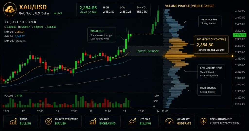 Price action chart demonstrating a volume profile point of control breakout in gold futures