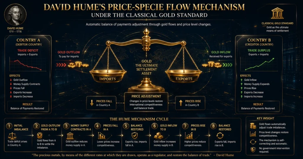Structural flowchart explaining david hume's price-specie flow mechanism under the classical gold standard from 1870 to 1971