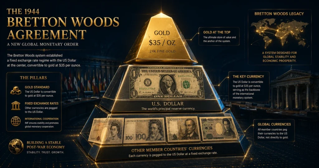 Visual pyramid diagram showing the bretton woods currency hierarchy from 1944 to 1971 linking paper currencies to the us dollar and gold