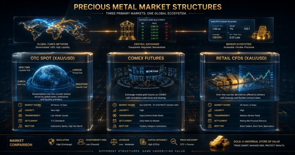 Gold trading guide diagram comparing spot xau/usd, comex futures, and gold cfds