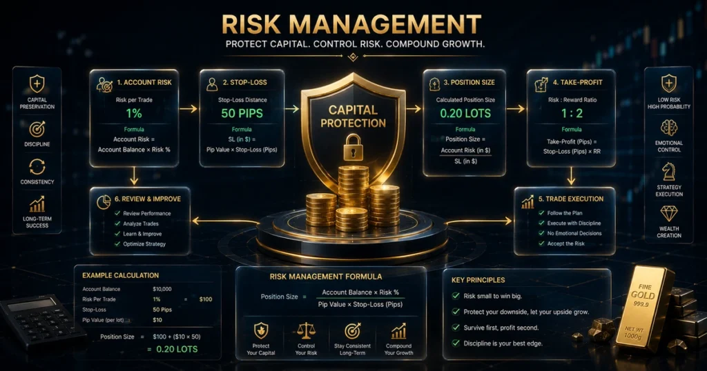 Position sizing mathematical flowchart for gold traders showing 1 percent risk parameters
