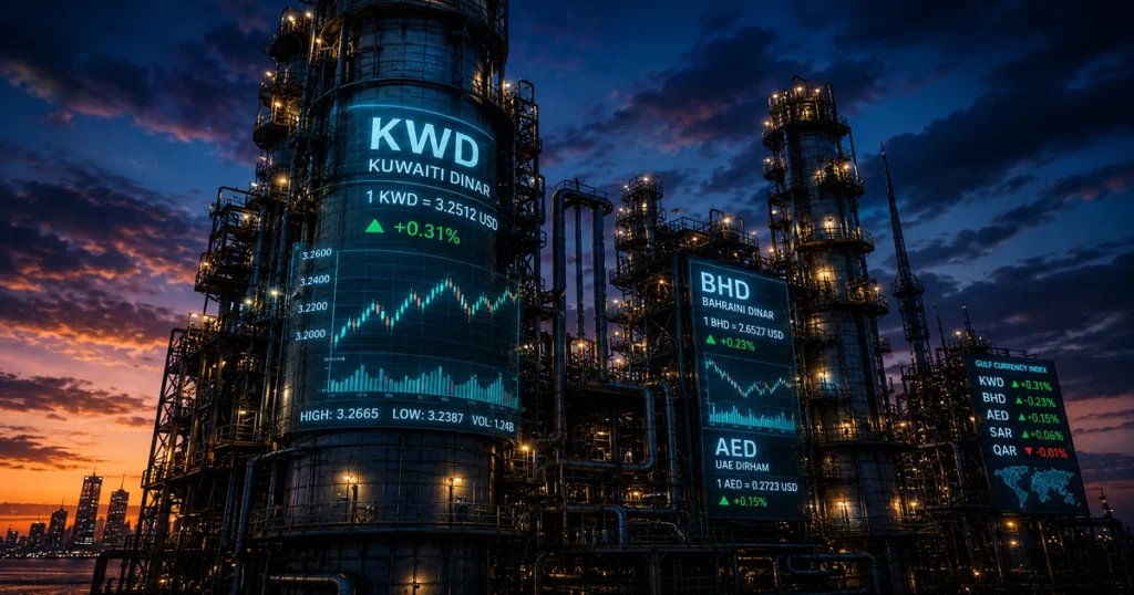 Top world currency data highlighting sovereign middle eastern dinars superimposed over a modern industrial energy refinery backdrop