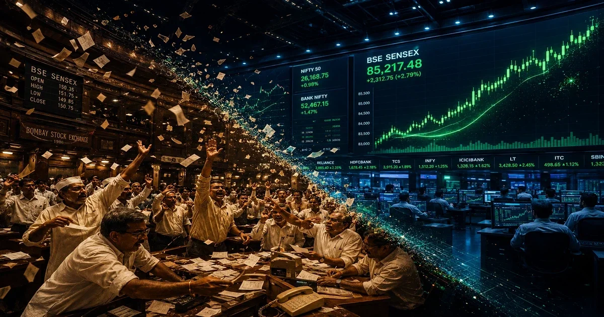 A professional visual narrative tracing the history of sensex from open outcry trading floor chaos to modern digital trading screens.