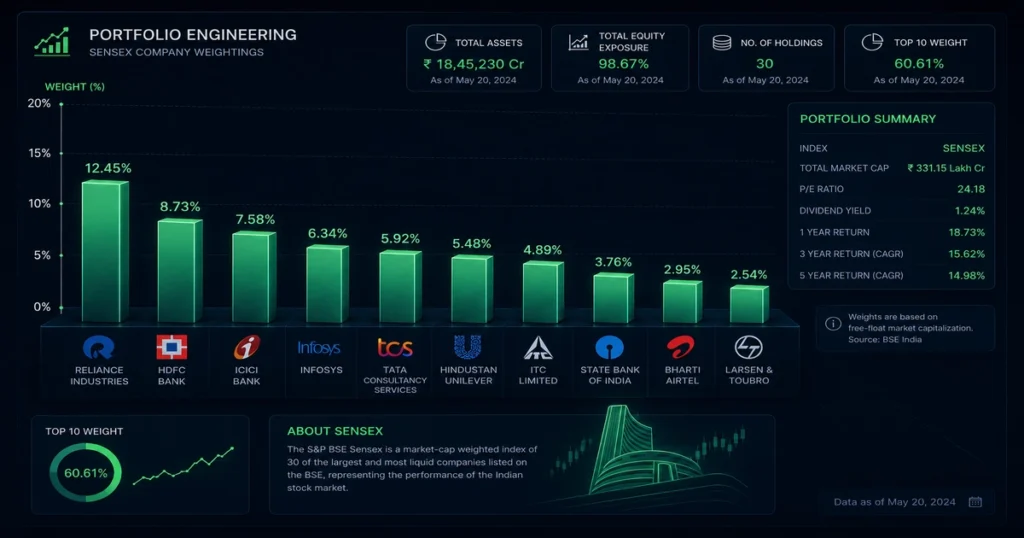 A professional 3d block diagram mapping out free-float market capitalization weights within the history of sensex.