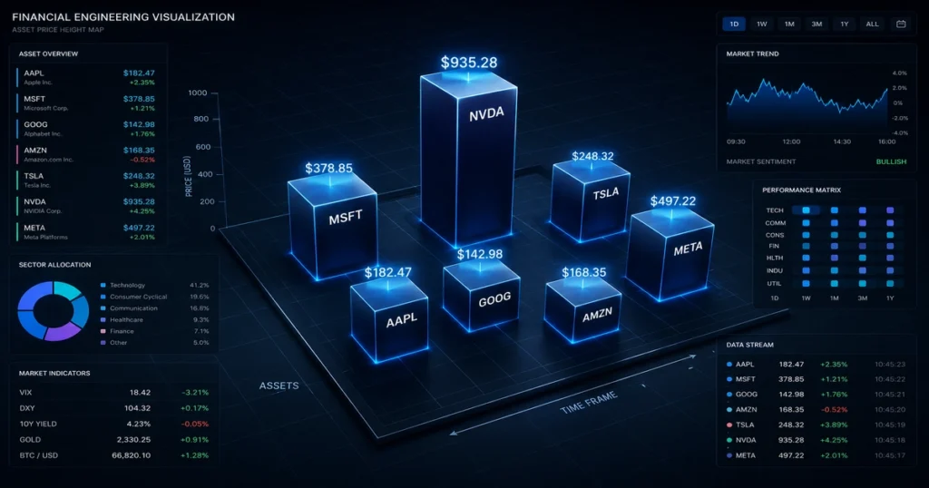 A professional 3d graphic mapping out price-weighted constituent impacts within the history of dow jones index.