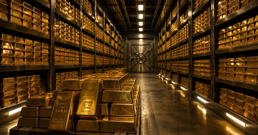 Massive central bank gold reserves stored in institutional vaults highlighting the core principles of a gold investment guide.