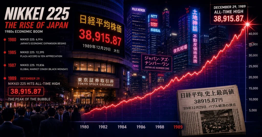 The tokyo stock exchange and the historical chart of the nikkei 225 index
