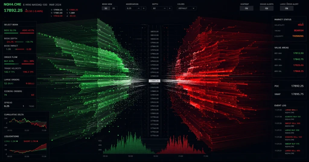 An institutional level 3 order book visualization showing passive vs aggressive liquidity.
