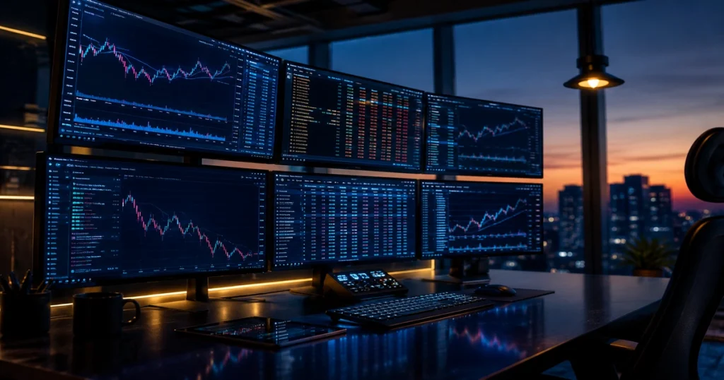 Sleek modern multi-monitor algorithmic trading desk displaying energy futures data streams and global macro market index feeds