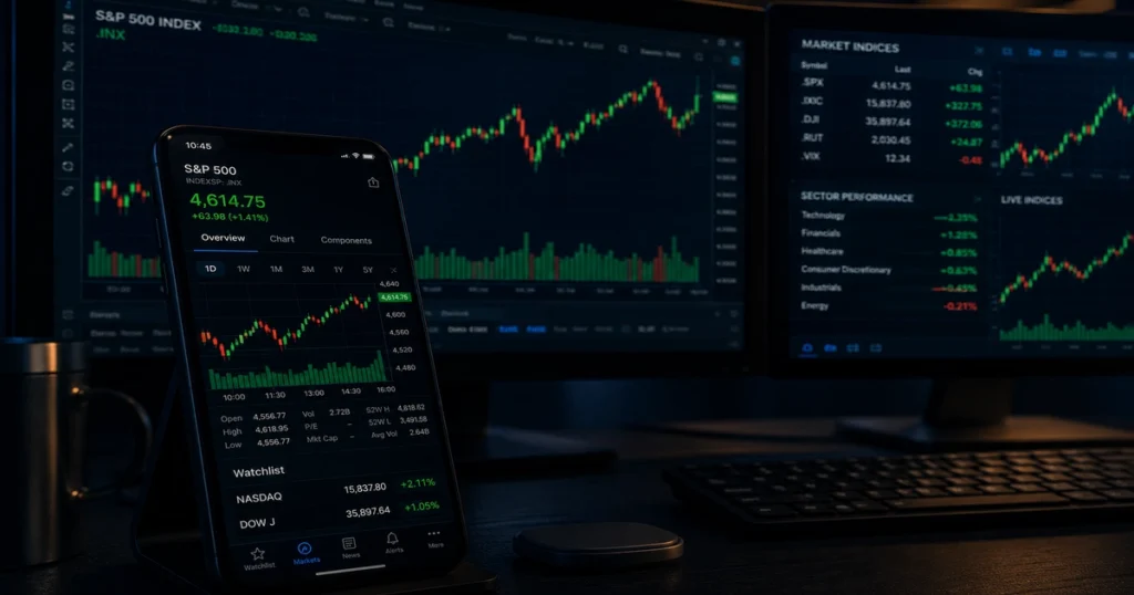 A modern institutional participant tracking real-time order flow and the history of dow jones index on flat panels.