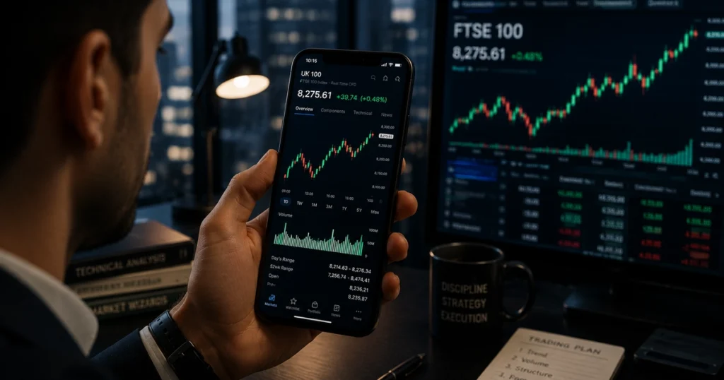 A modern institutional participant tracking real-time order flow and the movements of the ftse 100 index on flat panels.