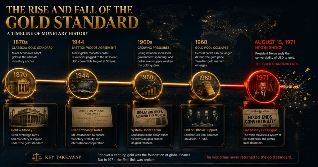 Historical timeline graphic mapping the evolution of money from classical gold in 1870 to the 1971 nixon shock