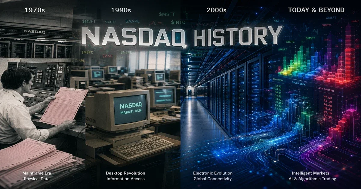A high-level, complex editorial conceptual photograph showcasing the evolution of nasdaq history from 1970s mainframe computers to modern hft architecture.