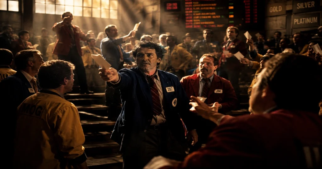 Vintage photo of energetic pit traders shouting orders on the historic nymex exchange floor during the early days of energy futures