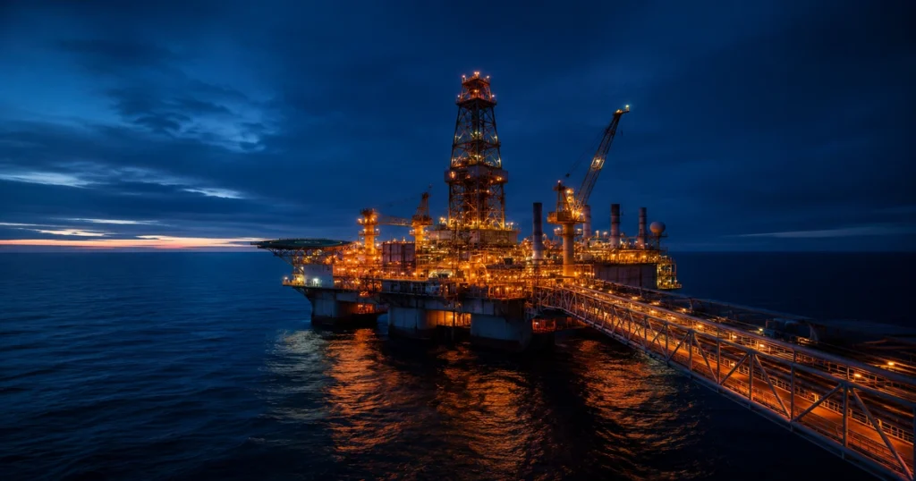 A massive modern industrial offshore oil drilling platform operating out at sea under a dark blue twilight sky with amber safety lighting