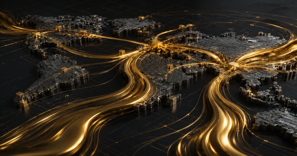 Abstract minimalist geometric vector lines and glowing node pathways overlaying a highly technical modern petrochemical refinery landscape